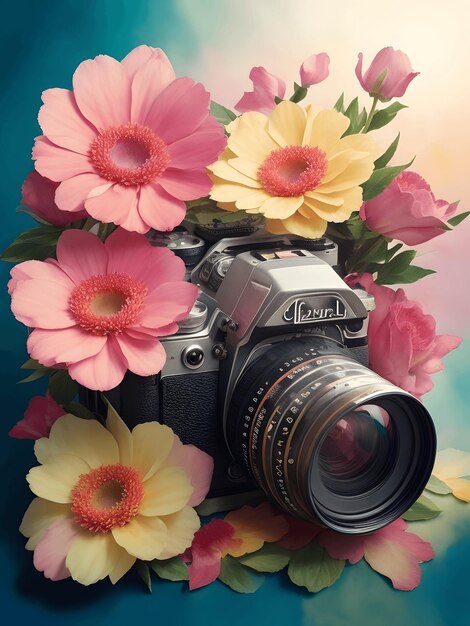 Foto las flores de acuarela estallan de una lente de cámara vintage generada por la ia