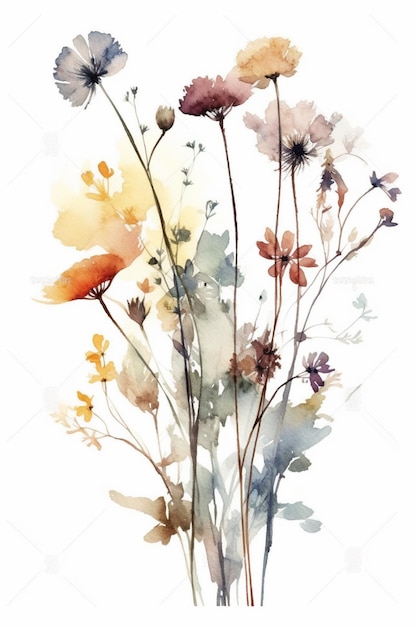 Flores de acuarela en un jarrón con un pájaro sobre un fondo blanco - - Fotografía de stock #