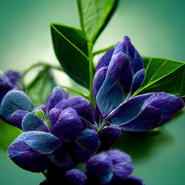 Flores de acuarela moradas y azules con tallos y hojas verdes Fondo de arte de acuarela