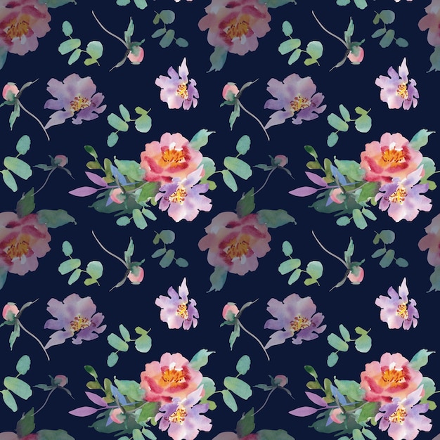Flores de acuarela Patrón sin costura Collaje Trabajo hecho a mano Ilustración colorida Boda Anémonas peonías rosas hollyhocks