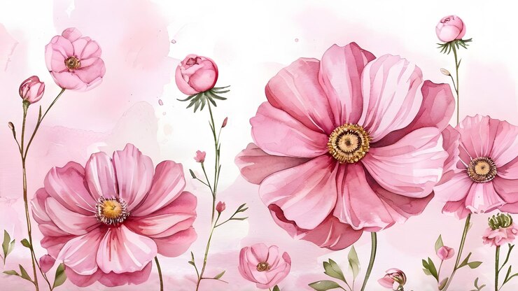 Flores de acuarela pintadas sobre un fondo rosado suave con flores delicadas con telón de fondo rosado pastel