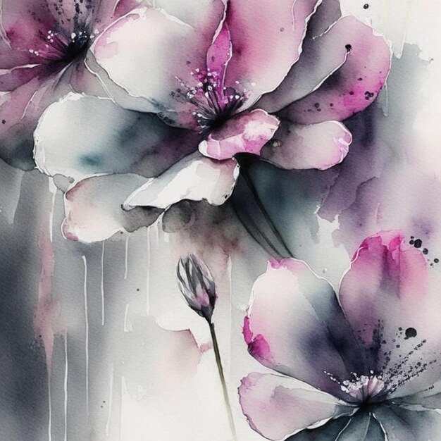 Foto flores de acuarela rosadas y grises con tallos y hojas fondo de arte de aquarela diseño de papel tapiz generado digitalmente con arte de línea de pincel de pintura de flores