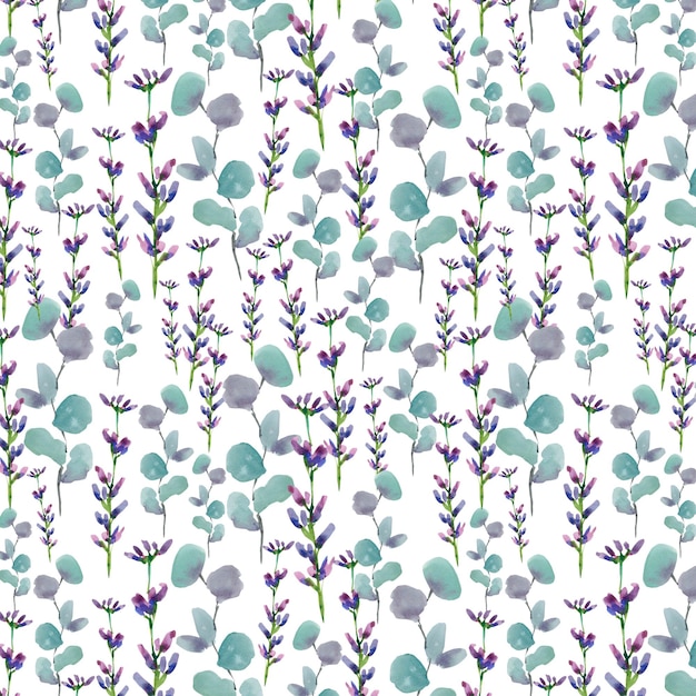 Flores de acuarela sobre un fondo aislado Patrón sin costuras Collage Trabajo hecho a mano Ilustración colorida Boda Lavanda eucalipto flores silvestres