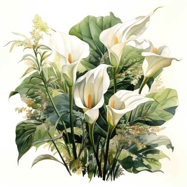 Flores en acuarela suave Vista botánica en fondo blanco con micro fotos creativas