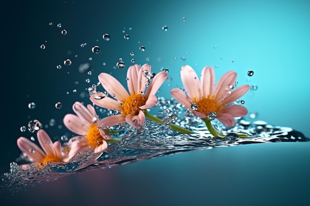 Flores en el agua con gotas de agua.