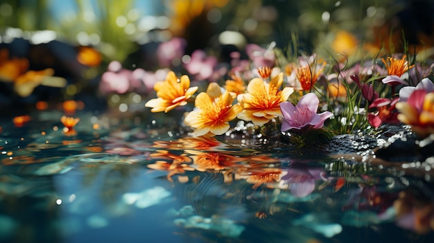 flores en el agua con reflejos de flores