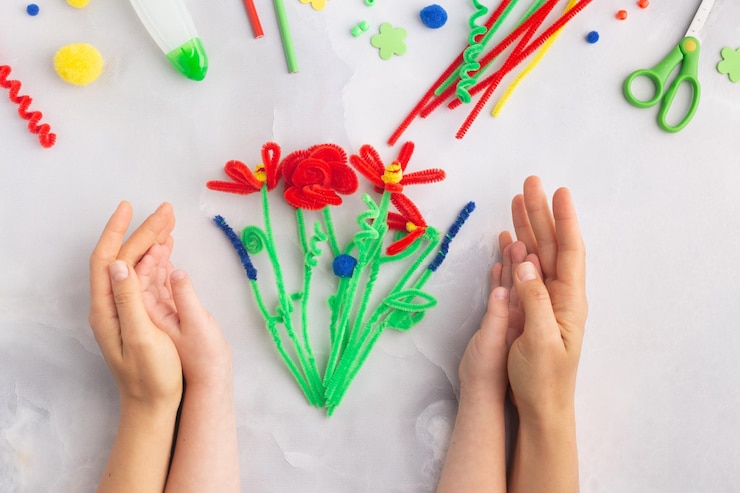 Foto flores de alambre esponjoso hechas a mano artesanía con niños mujeres regalo de día de la madre manos de alta calidad