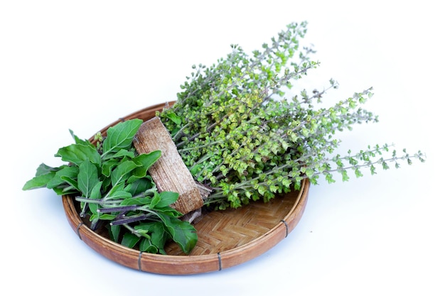 Flores de albahaca sagrada con semillas sobre fondo blanco.