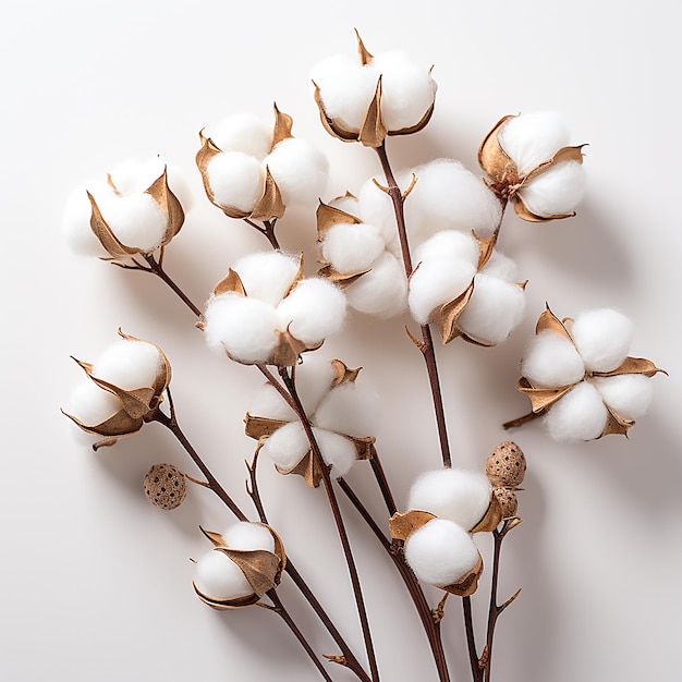 Flores de algodón aisladas sobre un fondo blanco