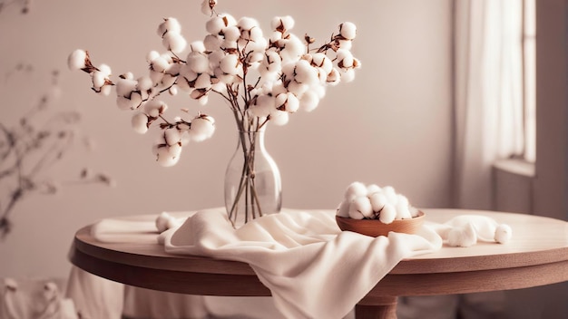 Flores de algodón en la mesa cerca de la pared de luz