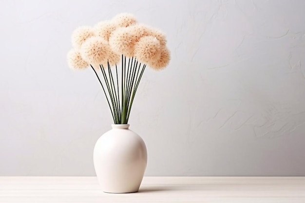 Foto flores de allium en un jarrón de cerámica en una mesa beige espacio de copia minimal color escandinavo neutro de moda