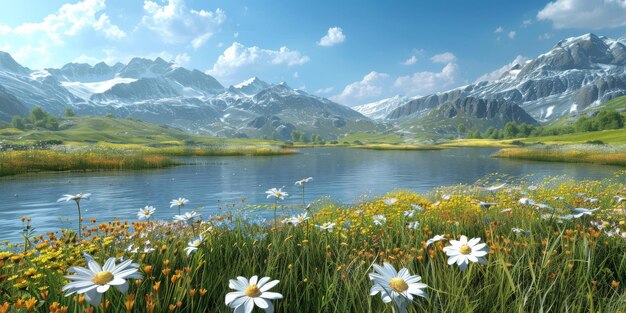 Foto flores alpinas y montañas cubiertas de nieve en la distancia