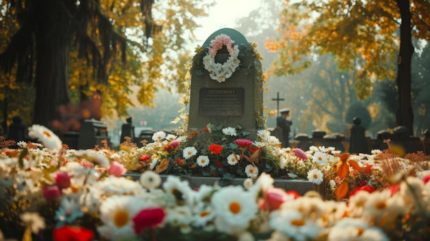 Flores alrededor de la tumba en el cementerio Escena pacífica de recuerdo Día de conmemoración