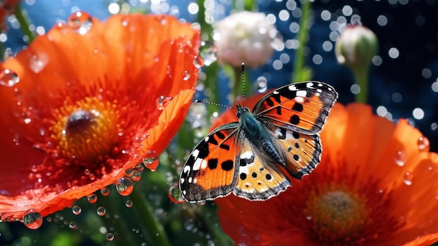 flores de amapola con gotas de agua de rocío matinal en abejas silvestres y mariposas