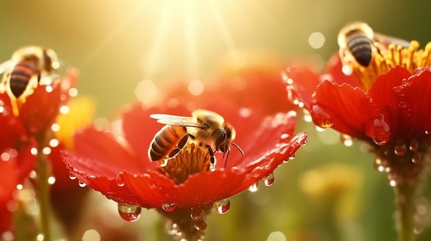 flores de amapola con gotas de agua de rocío matinal en abejas silvestres y mariposas