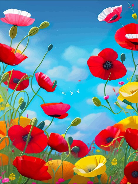 Foto flores de amapola multicolores en flor en la hierba ilustración vectorial de bandera en azul