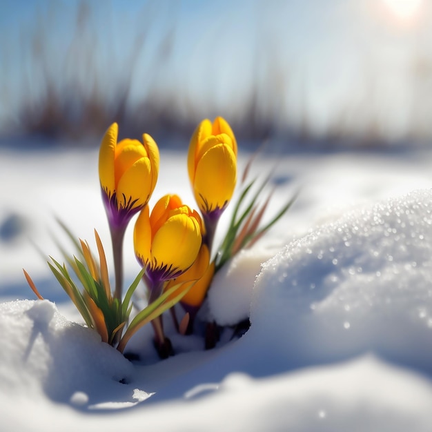 Flores amarelas da primavera Crocus crescendo na neve