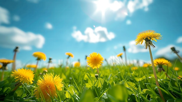 Flores amarelas de dente-de-leão e um céu lindo.