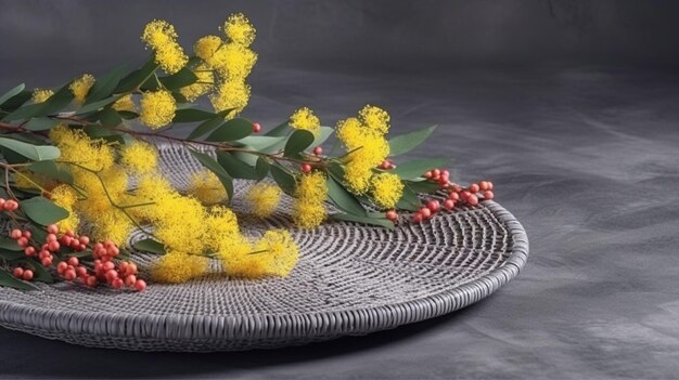 Flores amarelas de mimosa em um fundo cinza generativo ai