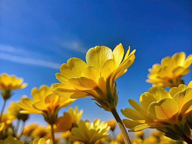 flores amarelas de primavera e o céu azul sem nuvens macro vista