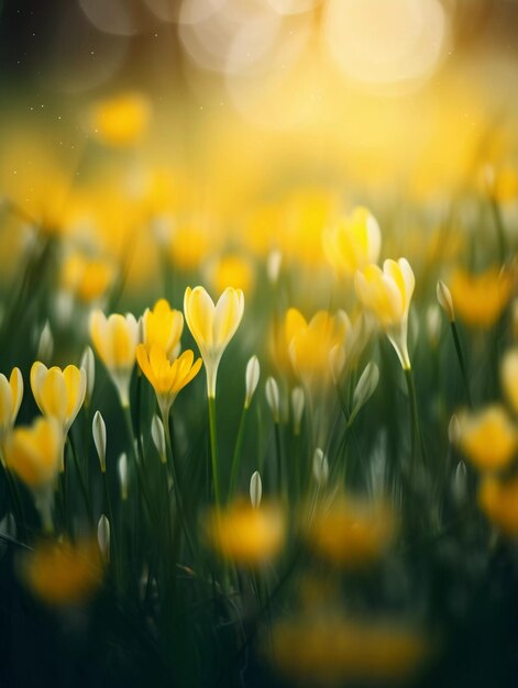 Flores amarelas de primavera em uma grama desfocada Ai fotografia generativa suave em tons pastel com copyspace perfeita para capa de cartaz ou publicidade sazonal