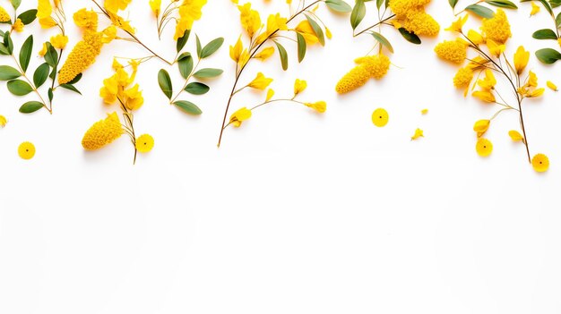 flores amarelas e folhas verdes sobre um fundo branco