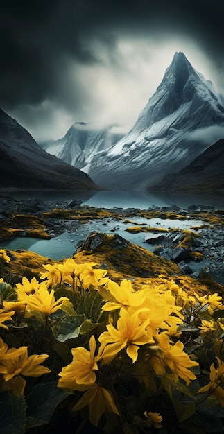 flores amarelas em um campo com uma montanha ao fundo IA generativa