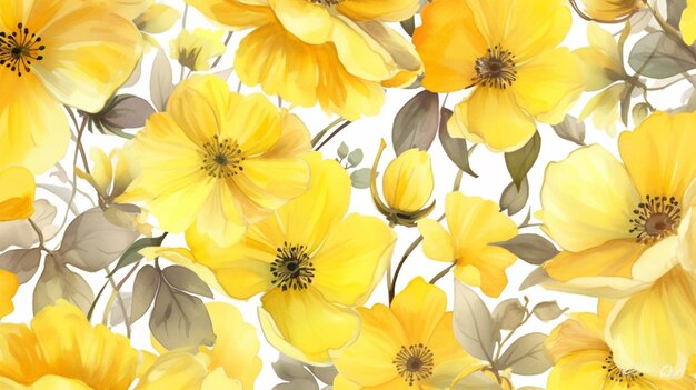 Flores amarelas estão em um campo com folhas e flores generativas ai