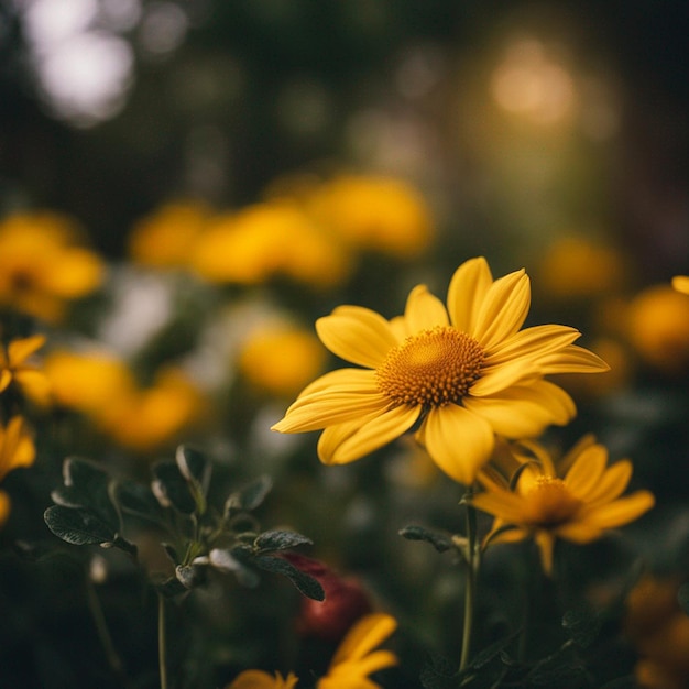 Flores amarelas frescas e plantas multicoloridas geradas pela IA