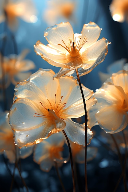 Foto flores amarelas mágicas translúcidas em close em fundo azul