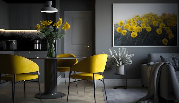 Flores amarelas no balcão no interior da sala de estar e de jantar em espaço aberto com mobiliário de salão cinza generativo ai