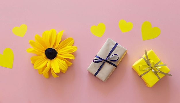 Flores amarelas, um coração e uma caixa de presente com corações amarelos em um fundo rosa.