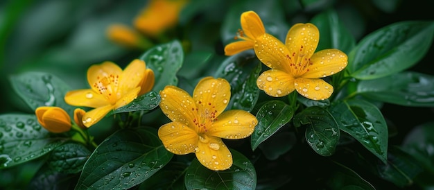 Flores amarelas vibrantes cobertas de gotas de água