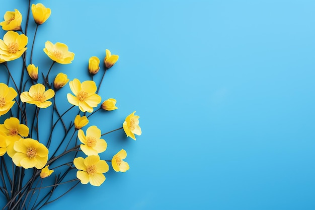 Flores amarelas vibrantes em fundo azul com espaço para copiar