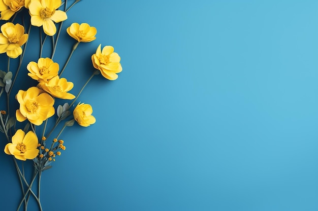 Flores amarelas vibrantes em fundo azul com espaço para copiar