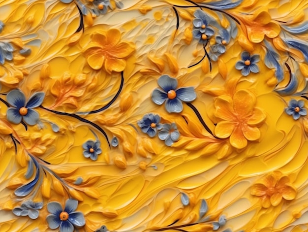 Flores amarillas y azules sobre un fondo amarillo con hojas azules ai generativo