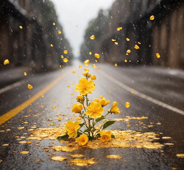 Flores amarillas en el camino de asfalto con gotas de lluvia cayendo en un día de lluvia