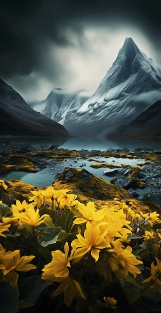 flores amarillas en un campo con una montaña al fondo ai generativo