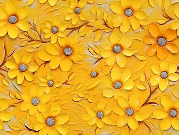 Las flores amarillas con centros plateados están dispuestas sobre un fondo amarillo generativo ai