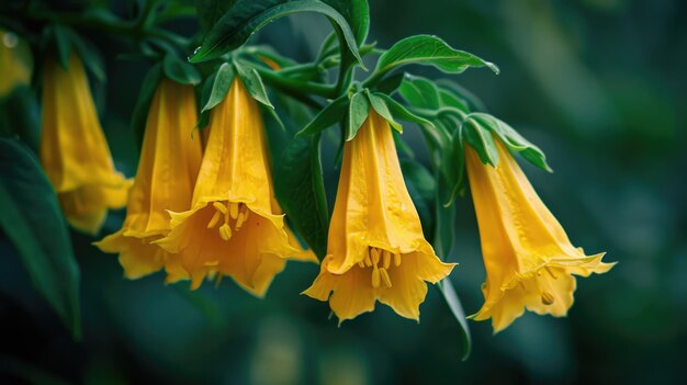 Las flores amarillas de la esperanza en el jardín de primavera La trompeta en forma de campana florece en un entorno verde