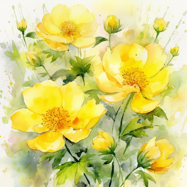 Las flores amarillas están pintadas en acuarela sobre un fondo blanco ai generativo