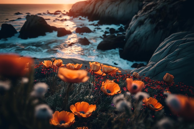 las flores amarillas florecen sobre las montañas junto a la orilla