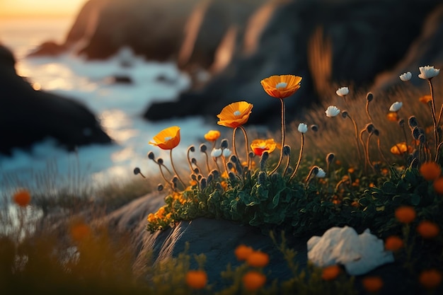 las flores amarillas florecen sobre las montañas junto a la orilla