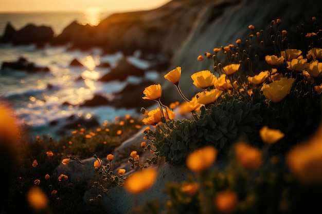 las flores amarillas florecen sobre las montañas junto a la orilla