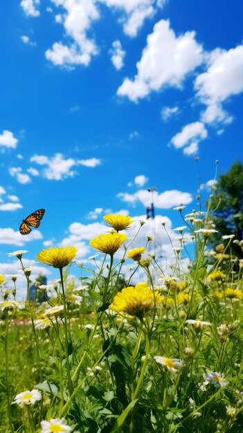 Foto flores amarillas y una mariposa monarca en un campo en un día soleado con cielo azul y nubes blancas