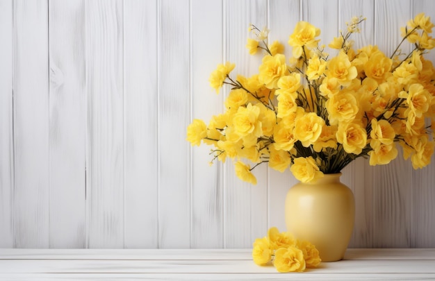 flores amarillas en una mesa de madera blanca