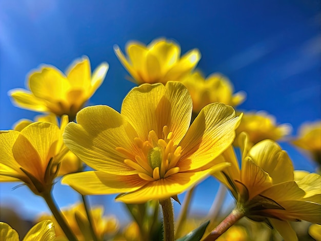 flores amarillas de primavera y el cielo azul sin nubes macro vista