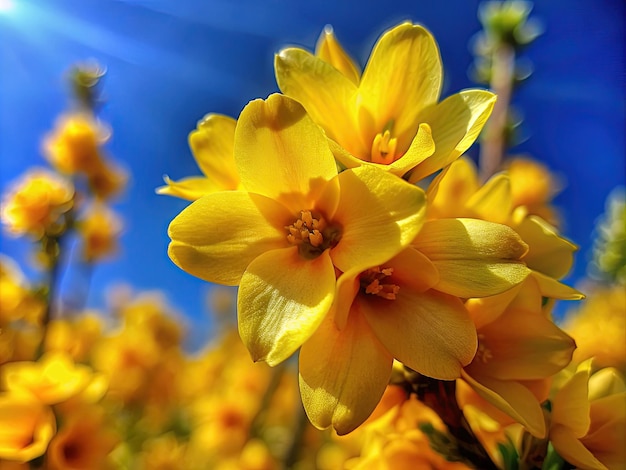 flores amarillas de primavera y el cielo azul sin nubes macro vista