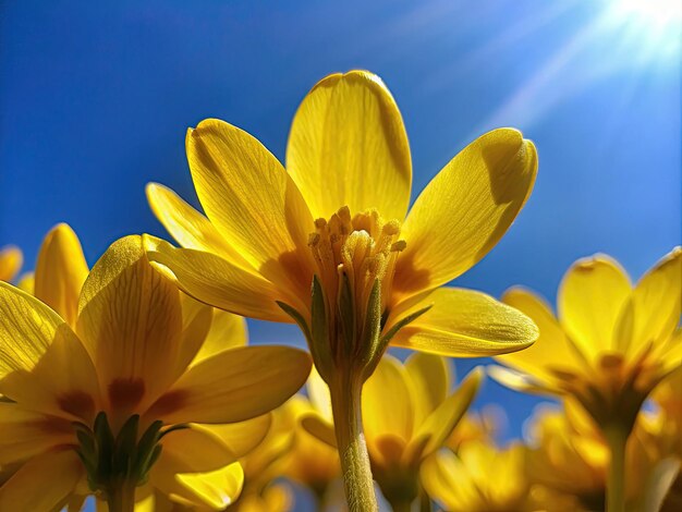 flores amarillas de primavera y el cielo azul sin nubes macro vista