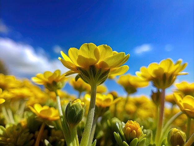 flores amarillas de primavera y el cielo azul sin nubes macro vista